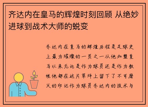 齐达内在皇马的辉煌时刻回顾 从绝妙进球到战术大师的蜕变 齐达内在皇马的辉煌时刻回顾 从绝妙进球到战术大师的蜕变