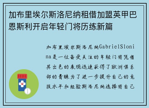 加布里埃尔斯洛尼纳租借加盟英甲巴恩斯利开启年轻门将历练新篇 加布里埃尔斯洛尼纳租借加盟英甲巴恩斯利开启年轻门将历练新篇